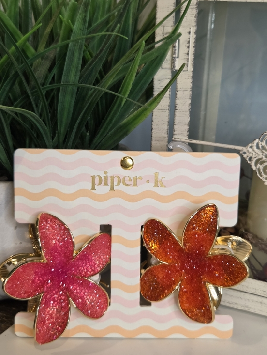 Piper K Accessories - Piper K Metal Flower Hair Clips - Pink & Orange